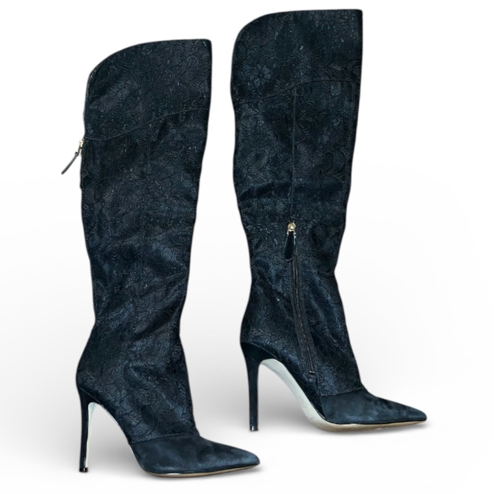 Guess Black Lace Textured Over Knee High Stiletto Heel Zip Up Boots Size 7
